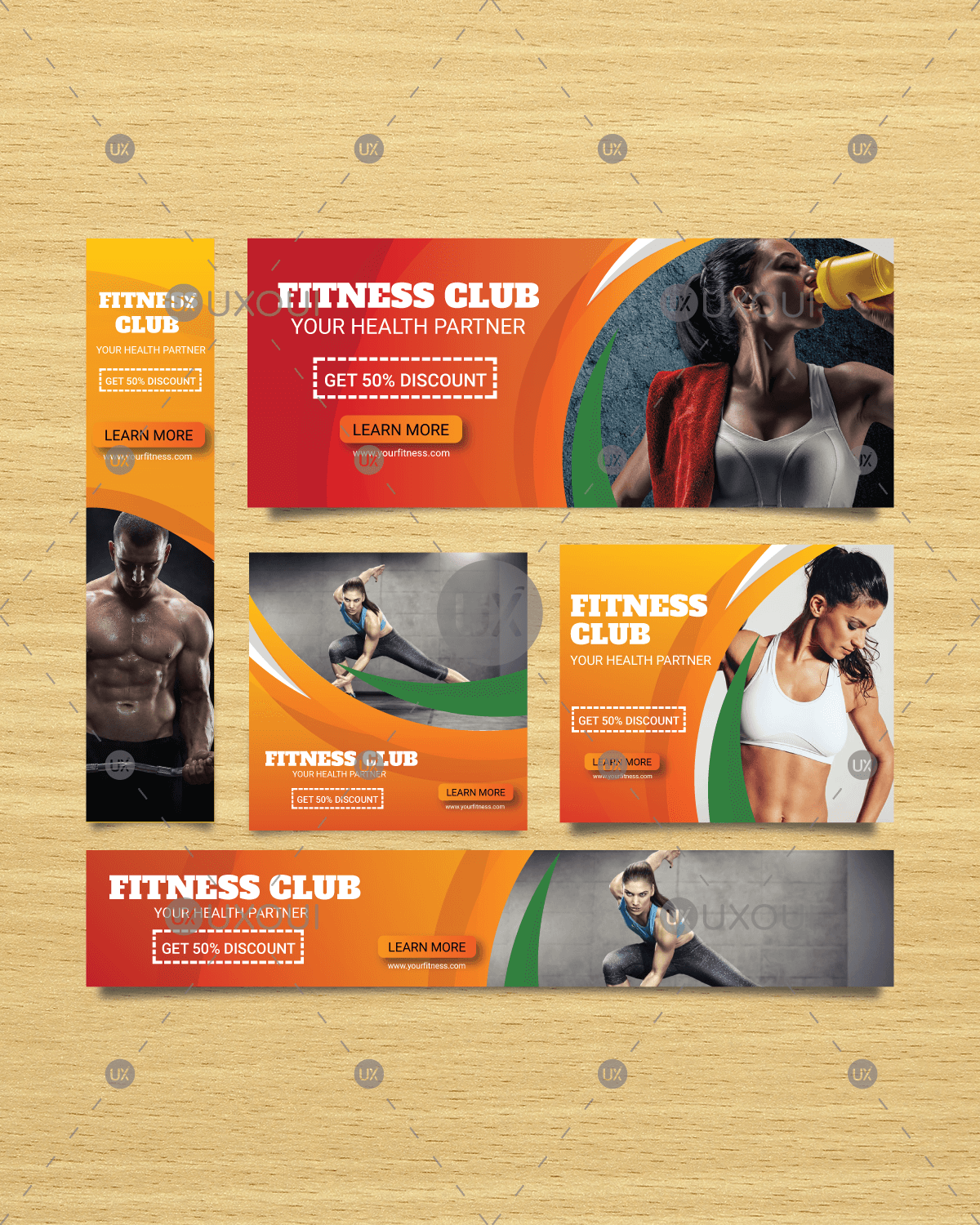 Modern Gym Fitness Banner Ads Set Design Template With Photo Vector Uxoui