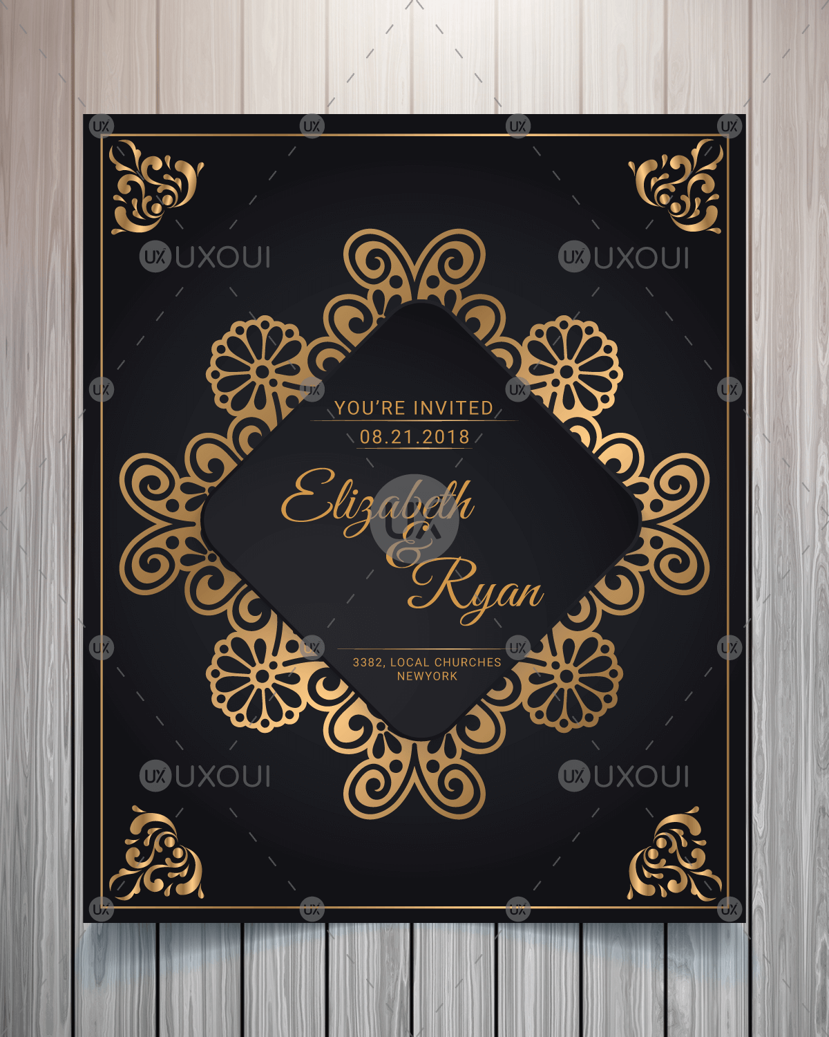Vintage Wedding Invitation Card Design Template Vector With Golden Black Color